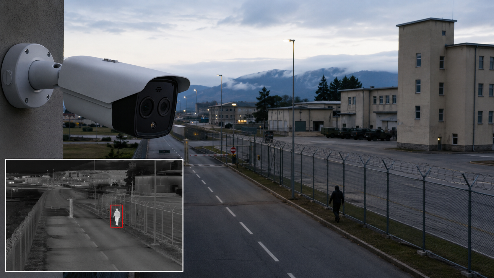 Telecamera bispectrum Hikvision su area di caserma con riquadro termico PIP per la rilevazione di un intruso